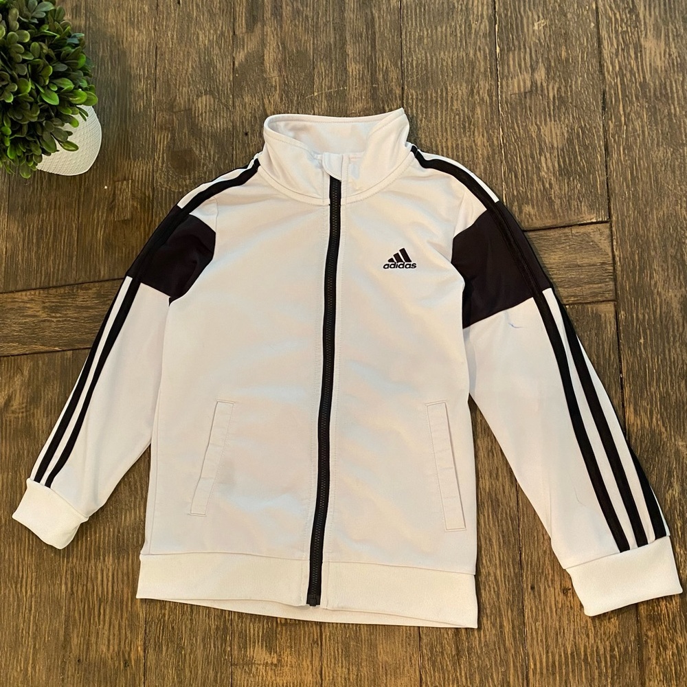 Adidas Boys Black and White Tricot Zip Jacket Size 7